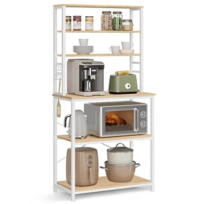 Immagine di VASAGLE Scaffale da Cucina, Supporto per Forno a Microonde, Portaoggetti 6 Ripiani con Ganci Bar, Struttura in Acciaio, Industriale, 40 x 80 167 cm, Colore Rovere e Bianco KKS019W09