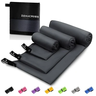 Immagine di Zenacross Asciugamano Palestra (Set di 3) con Borsa per il Trasporto Microfibra a Rapida Asciugatura e Versatile Telo Taglie S, M, L Blu Scuro