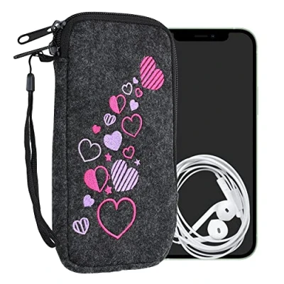 Immagine di kwmobile Custodia in feltro con zip per Smartphone XL 6,7/6,8&quot; Astuccio portacellulare a sacchetto cerniera e ricamo Borsa Cuori Stelle rosa/viola/grigio scuro