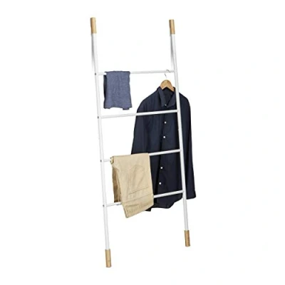 Immagine di Relaxdays Scala Portasciugamani in Metallo, con 4 Pioli, Stendino Portabiancheria Bagno, Bambù, 150x70x2cm, Bianco