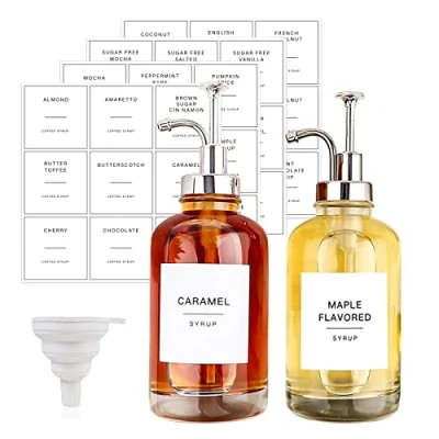 Immagine di JinsenTGG Set di 2 Erogatori Sciroppo caffè con 36 Etichette, Erogatore a Pompa per Bar, Bottiglie Vetro Minimalista in Acero/caffè, Semplici, 16,9 oz 500 ml (Argento)