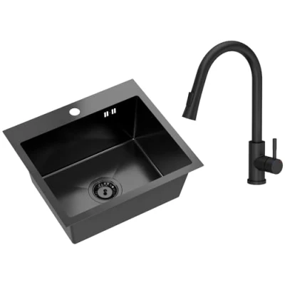 Immagine di VBChome Lavello da incasso in acciaio inox con rubinetto, 50 x 45 cm, nero, inox, foro per grande lavandino, sifone colore rubinetto beccuccio