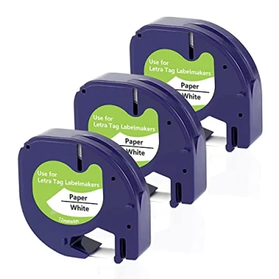 Immagine di UNOKA Compatibile con Dymo LetraTag Tape White Paper 12 mm x 4 m ricariche 91200 S0721510 nastro etichettatura nero su bianco per LT 100H 100T QX50 XR XM 2000 200B, confezione da 3