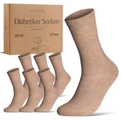 Immagine di calzini per diabetici senza elastico in vita e cuciture, 97% cotone (6 paia), con fascia confortevole uomo donna, beige., 39 42