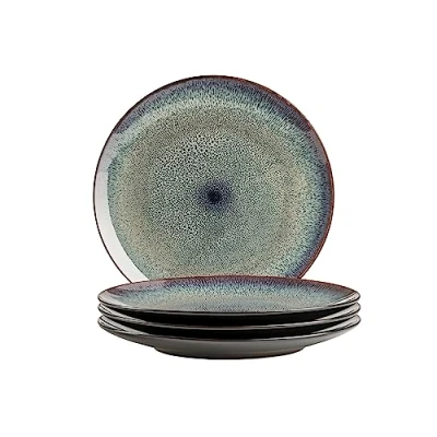 Immagine di MÄSER 935129 Serie Teona, set di 4 piatti con glassa reattiva verde marrone, piani in ceramica forme moderne e discrete, gres porcellanato