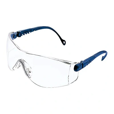 Immagine di Honeywell Occhiali di sicurezza 1000018 Op Tema con montatura in nylon blu, lenti trasparenti antigraffio, nasello leggero e regolabile, lunghezza delle aste angolazione (1 pezzo)