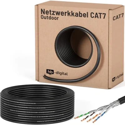 Immagine di hb digital 25m CAT 7 cavo di installazione Ethernet 1000 MHz 10 Gbit per esterni nero AWG23/1 PE S/FTP doppia schermatura PIMF rame puro dati grezzo/interrato uso esterno