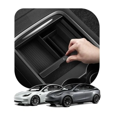 Immagine di Spigen Tesla Model Y 3 2021 2023 Organizer Consolle Centrale con Tecnologia di Scivolo Liscio, Vano Portaoggetti per Console Accessori Carbon Edition