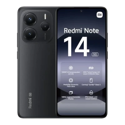 Immagine di Smartphone Xiaomi Redmi Note 14 5G, 8+256GB, Sistema fotografico AI da 108MP, batteria 5110mAh, display con tecnologia Eye Care 120Hz, funzionalità (caricabatterie non incluso), Nero