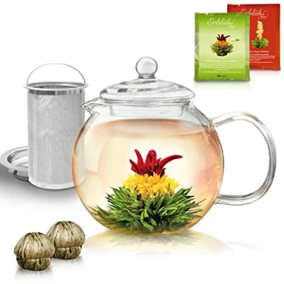 Immagine di Creano teiera in vetro 1,3 l include 2 fiori di tè con colino acciaio inossidabile integrato e coperchio vetro, antigoccia
