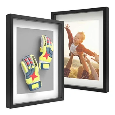 Immagine di PHOTOLINI 3D cornici 40x40 cm nero, cornice profonda con vetro e passe partout, set di 2 per oggetti fino a 3 profondità, legno MDF perfetta il fai da te come regalo