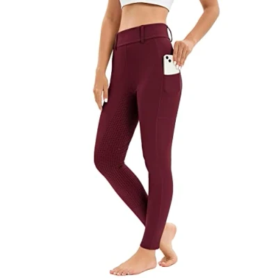 Immagine di Leggings da equitazione donna, con tasca per cellulare, a vita alta, elasticizzati, passanti cintura, Colore: rosso, XL