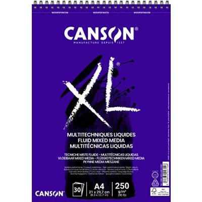 Immagine di Canson XL Fluid Mix Media album per colori fluidi spiralato lato corto 250g/m grana liscia A4 30 fogli, extra bianco