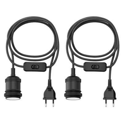 Immagine di ledscom.de 2 pezzi cavo tessile RETRA, spina, interruttore, nero, 3 m, presa lampada, 1x E27 max. 60W