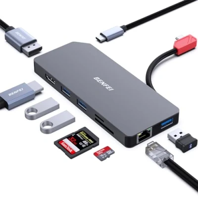Immagine di BENFEI Docking Station USB C Doppio Display, Hub MST con HDMI DisplayPort 4K@60HZ/3*USB A/1*USB 10 Gbps+100 W PD/Lettore SD/TF/1*Ethernet 1000 Mbps, Compatibile MacBook Pro/Air 2023 iMac