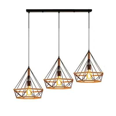 Immagine di Mengjay Lampadario a Sospensione E27 Industriale Vintage 3 Luci Lampada da Soffitto Corda di Canapa Retro Illuminazione Nero interna per Cucina Salotto