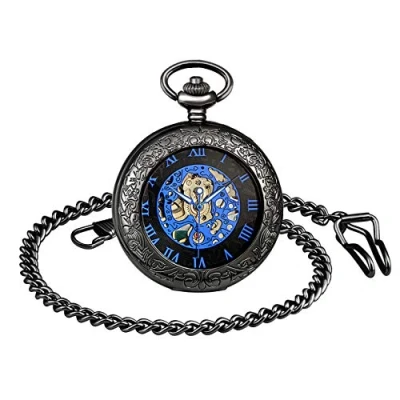 Immagine di MICGIGI Orologio da taschino unisex, meccanico a carica manuale, analogico, con movimento scheletrato, catena, Classico