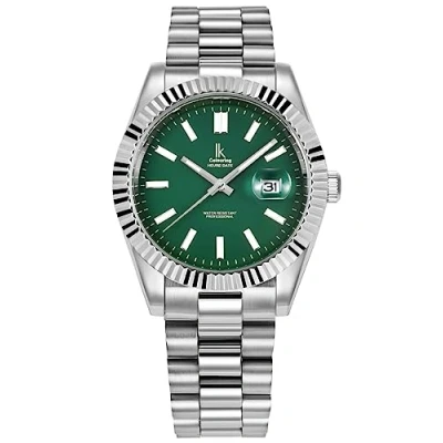 Immagine di Alienwork Orologio Uomo Donna Argento Bracciale in Acciaio Calendario Data Verde Classico Elegante