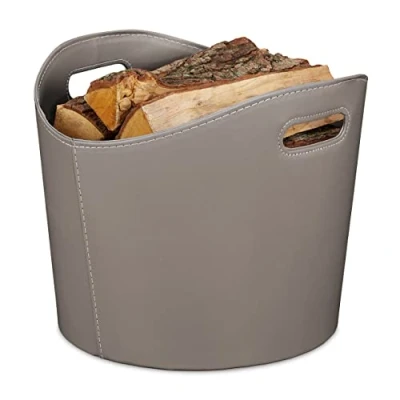 Immagine di Relaxdays Cesta Portalegna in Similpelle, con Manici, Utilizzo Versatile, Trasportabile, HD: 32 x 38 cm, Grigio Scuro, 50% plastica 40% Cartone 10% Acciaio, 1 pz