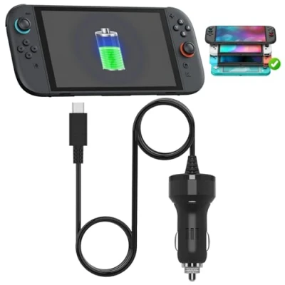 Immagine di FYOUNG Caricabatteria da auto per Nintendo Switch e Lite, adattatore caricabatterie ad alta velocità (cavo di ricarica USB Type C 6,5 ft)