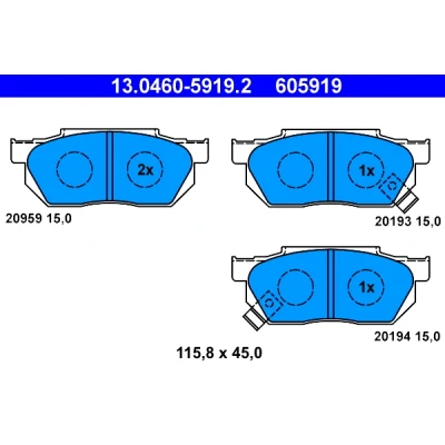 Immagine di ATE 13.0460 5919.2 Kit pastiglie freno con segnalatore acustico usura HONDA: CIVIC V Hatchback, 5 Stufenheck, 4 Hatchback