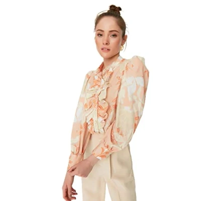 Immagine di Trendyol Donna in Tessuto con Colletto a Camicia di Base vestibilità Regolare, Arancione, 68