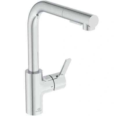 Immagine di Ideal Standard Gusto, Miscelatore monocomando per lavello da cucina, Bocca ad L tubolare con doccetta orientabile ed estraibile a due funzioni, Cromato