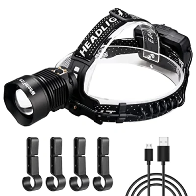 Immagine di WholeFire Torcia Frontale LED Alta Potenza 15000 Lumens, USB Ricaricabile XHP90 Potente Lampada Frontale, 3 Modalità di Zoom Impermeabile da Testa per Campeggio, Corsa, ecc.