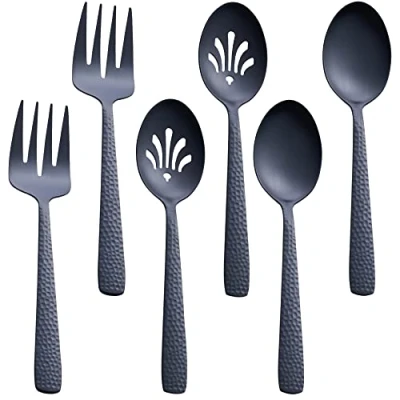 Immagine di FULLYWARE Set di utensili da portata nero opaco, 24,5 cm in acciaio inox grande cucchiaio e forchetta, finitura satinata