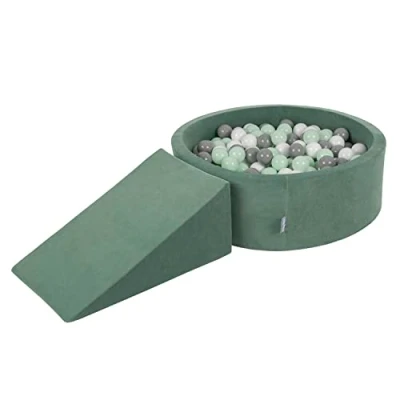 Immagine di KiddyMoon Area di Gioco in Schiuma con Tondo Piscina Palline per Bambini (200 Palline) + Cuneo, Verde del Bosco: Bianco/Grigio/Menta