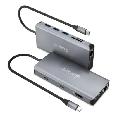 Immagine di ATLANTIS A04 TC_DK46 Docking Station USB C (Type C) a HDMI 4K, VGA, Ethernet RJ45 Gigabit, 3 3.0, 1 C, PD 85W, Audio IN/OUT 3.5mm, Card Reader. Cavo 18 cm. Compatibile con tutti Notebook.