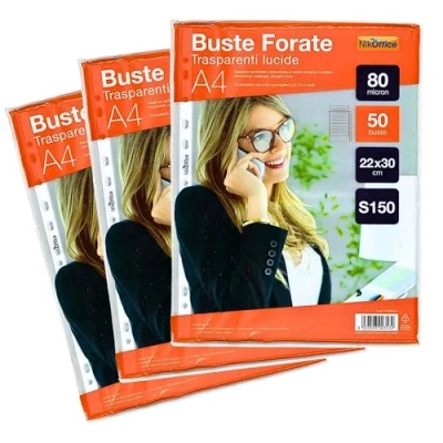 Immagine di NIKOFFICE S150 Confezione da 50 Buste Perforate Trasparenti in PPL Lucide, Formato A4 80 MICRON