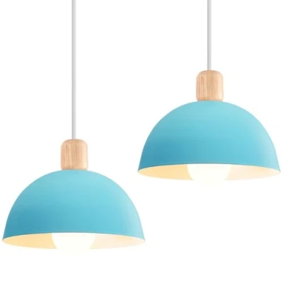 Immagine di iDEGU 2 Pezzi Lampade a Sospensione Retrò 20CM LED Lampada Soffitto in Legna Metallo Moderna Lampadario Stile Scandinavo Semicerchio Plafoniera per Soggiorno Sala da Pranzo Camera Letto (Blu)