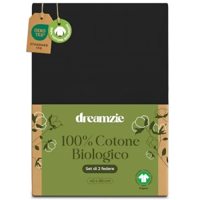 Immagine di Dreamzie 100% Cotone Biologico Federe Cuscino Letto 40x80 cm Set da 2 Nero con Zip Oeko Tex
