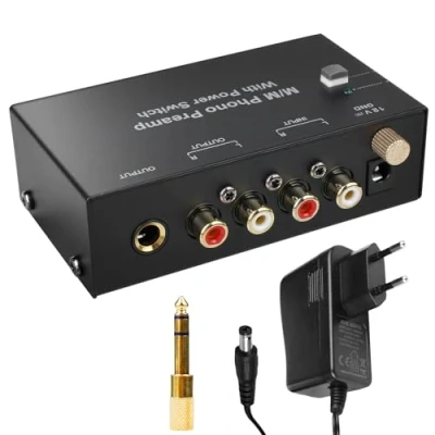 Immagine di Phono Preamplificatore giradischi Preamp per con sistemi di scansione MM, ingresso e uscita RCA, amplificatore stereo livello, nero