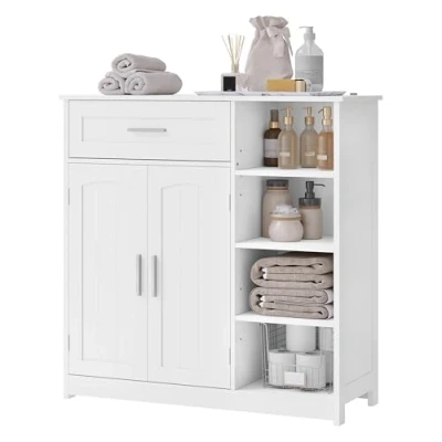 Immagine di EUGAD Mobile da Bagno, Bagno Indipendente con 2 Ante 1 Cassetto 4 Ripiani Aperti Regolabili in Altezza, Unità di Stoccaggio per Corridoio, Credenza Cucina, 80x30x80,5 cm, Bianco