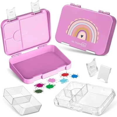 Immagine di My Vesperbox Contenitore porta pranzo per bambini, con 4 + 2 scomparti, estremamente robusto, ideale l&#039;asilo e la scuola (colore rosa, disegno di un arcobaleno)