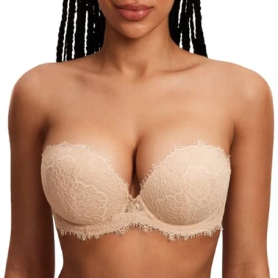 Immagine di DOBREVA Donna Reggiseno A Fascia Push Up Pizzo con Ferretto Plunge Imbottito Beige 2C