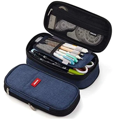 Immagine di iSuperb Astuccio Matite Scalabile Borsa di Cancelleria Multifunzionale Astucci Portapenne Grande Capacità da Custodia Tela Organizzatore Unisex 23 x 11 6.5cm (dark blue)