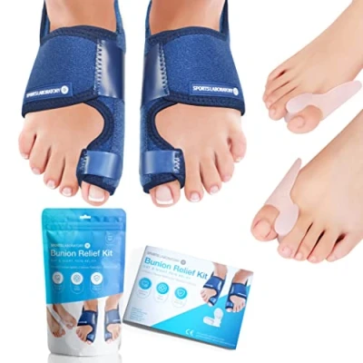 Immagine di Sports Laboratory Tutore Alluce valgo Giorno e Notte Protezione Sollievo dal Dolore 2 Stecche per Valgo, Raddrizzatori 1 Guida Pratica Regolabile (Blu)