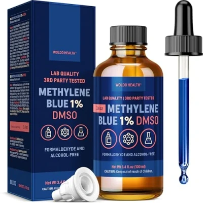 Immagine di WoldoHealth DMSO 10% con blu di metilene 1% Flacone in vetro ambrato da 100 ml pipetta, senza formaldeide, alcol, soluzione testata laboratorio