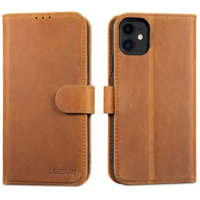 Immagine di Lensun Custodia in Vera Pelle per iPhone 11, Cover [RFID Blocking] Libro con Portafoglio Chiusura Magnetico Flip Custodie Cuoio Telefono 11 Marrone Retrò