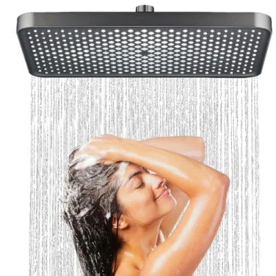 Immagine di JINYOMFLY Soffione Doccia Rettangolare 32CM, per Pioggia, Moderni Universale Girevole a 360 , Alta Pressione con Getti in Silicone Anticalcare (Nero)