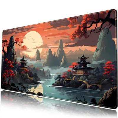 Immagine di Grande tappetino per mouse con tramonto giapponese, da scrivania spazioso, gioco XXL esteso computer e laptop, tastiera, 80 x 40 cm, base in