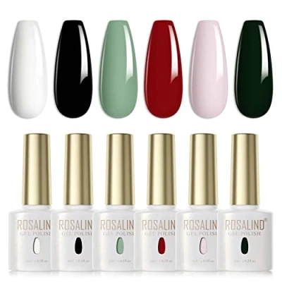 Immagine di ROSALIND Smalti Semipermanenti Bianco Nero Verde Chiaro Rosso Rosa Scuro 6 Colori Semipermanente Unghie, Shellac Smalto per Unghie UV LED Gel Nail Polish 6ml