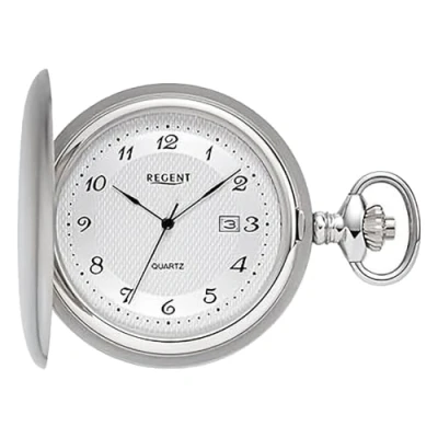 Immagine di Regent Orologio da tasca uomo Savonnette con coperchio in acciaio inox, diametro 48 mm, data al quarzo, diverse varianti, P 750 Argento/numeri arabi neri