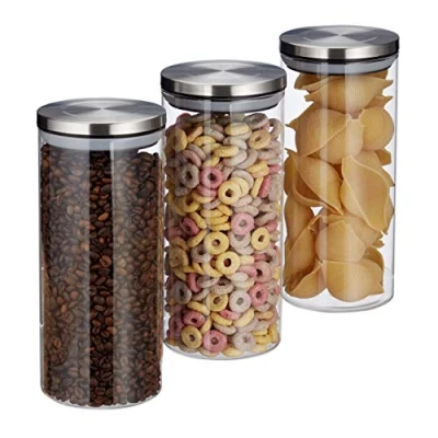 Immagine di Relaxdays Tris di Barattoli per Conserve, 1,3 l, Set da 3, Ermetico, Coperchio in Acciaio Inox, Riso &amp; Tè, Trasparente