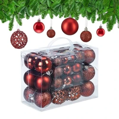 Immagine di Relaxdays Palline di Natale, Set da 50, Addobbi Natalizi, Opache, Lucide, Glitterate, ∅ 3,4 e 6 cm, Decorazioni, Rosso