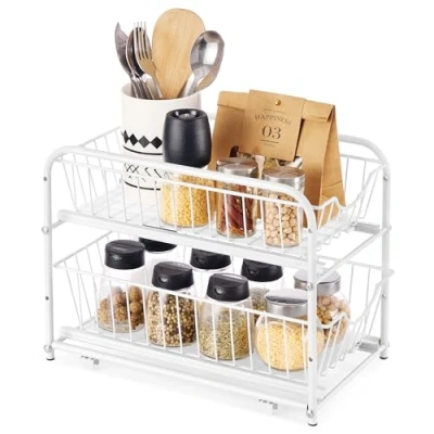 Immagine di SONGMICS Organizzatore da Cucina, Scaffale a 2 Ripiani Estraibili per Armadietto, Impilabile Sottolavello con Cassetti Portaoggetti, Bagno, Bianco Opaco KCS017W01V1