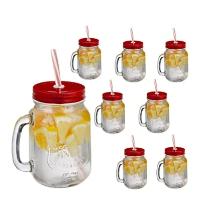 Immagine di Relaxdays Set 8 Tazze, con Coperchio e Cannuccia, tè Freddo, Bevande, Limonate, per Party, Manico, 500 ml, Rosso